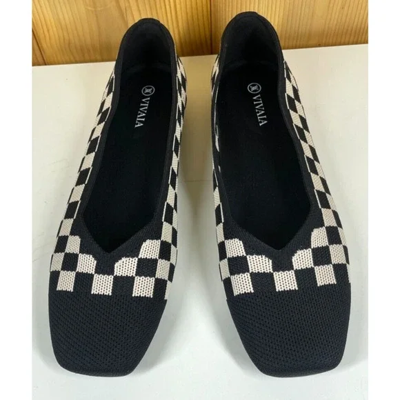 Vivaia Shoes EU 40 US 9 B Margot 2.0 V Cut Square Toe in Checker Flats NWOB - Picture 3 of 10